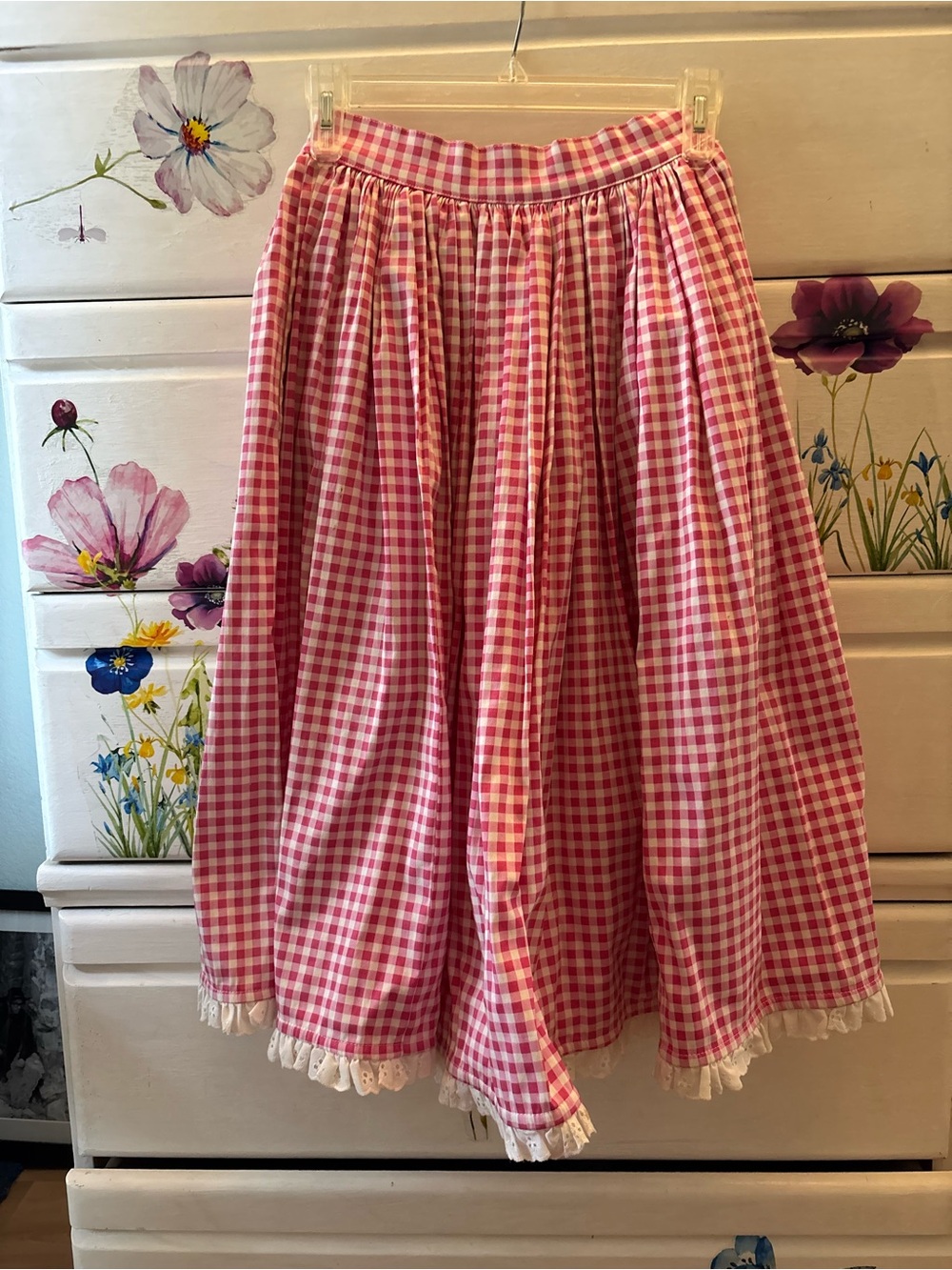Vixen by Micheline Pitt Pink Gingham Circle Skirt with Lace Hem